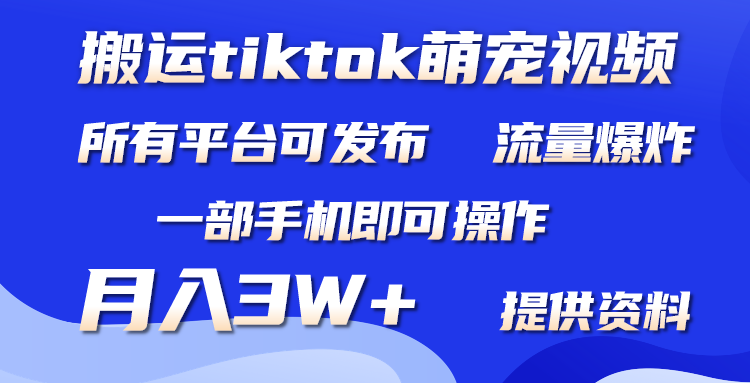 搬运Tiktok萌宠类视频，一部手机即可。所有短视频平台均可操作，月入3W+